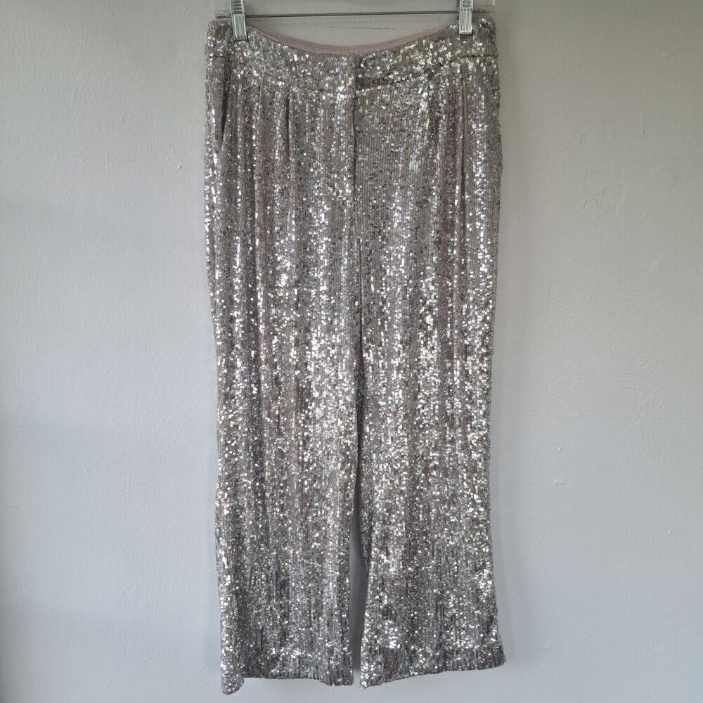 Express Sequin Pants Womens Small Silver High Rise Wide Leg Cropped Party Fun